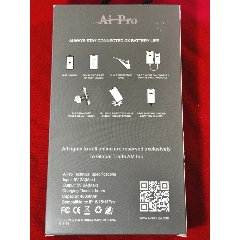 AiPro 4800mAh Battery Case for iPhone 16 15 15 Pro Black Slim Charging Cover